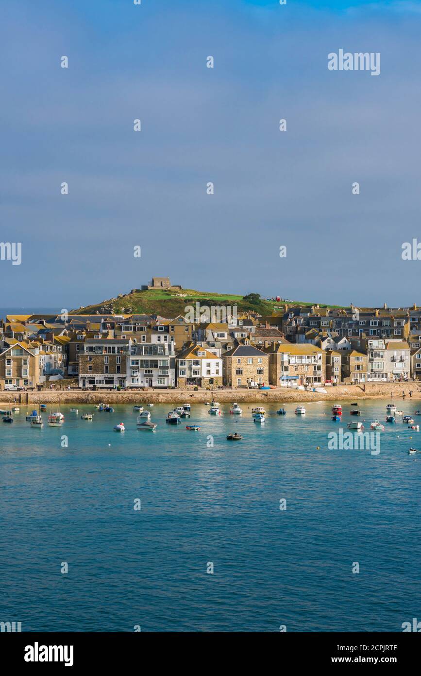 St Ives UK, view in summer across St Ives bay towards the town's beach, Cornwall, south west England, UK Stock Photo