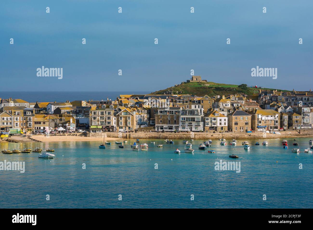 St Ives Cornwall, view in summer across St Ives bay towards the town's beach, Cornwall, south west England, UK Stock Photo