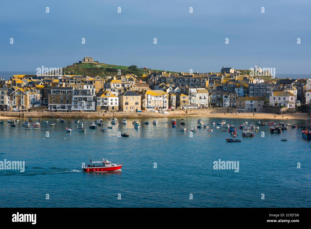 Cornwall UK, view in summer across St Ives bay towards the town's beach, Cornwall, south west England, UK Stock Photo