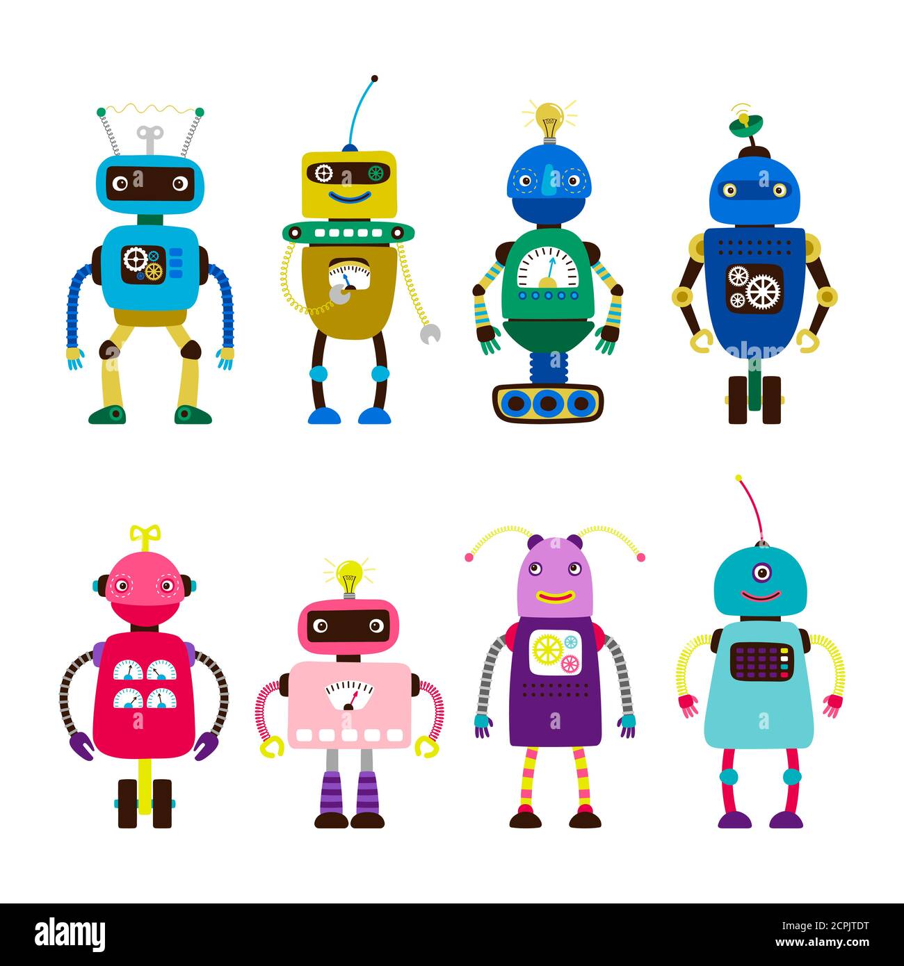 Robots for girls and boys vector isolated on white background. Robot girl toy, character robo boy electronic illustration Stock Vector