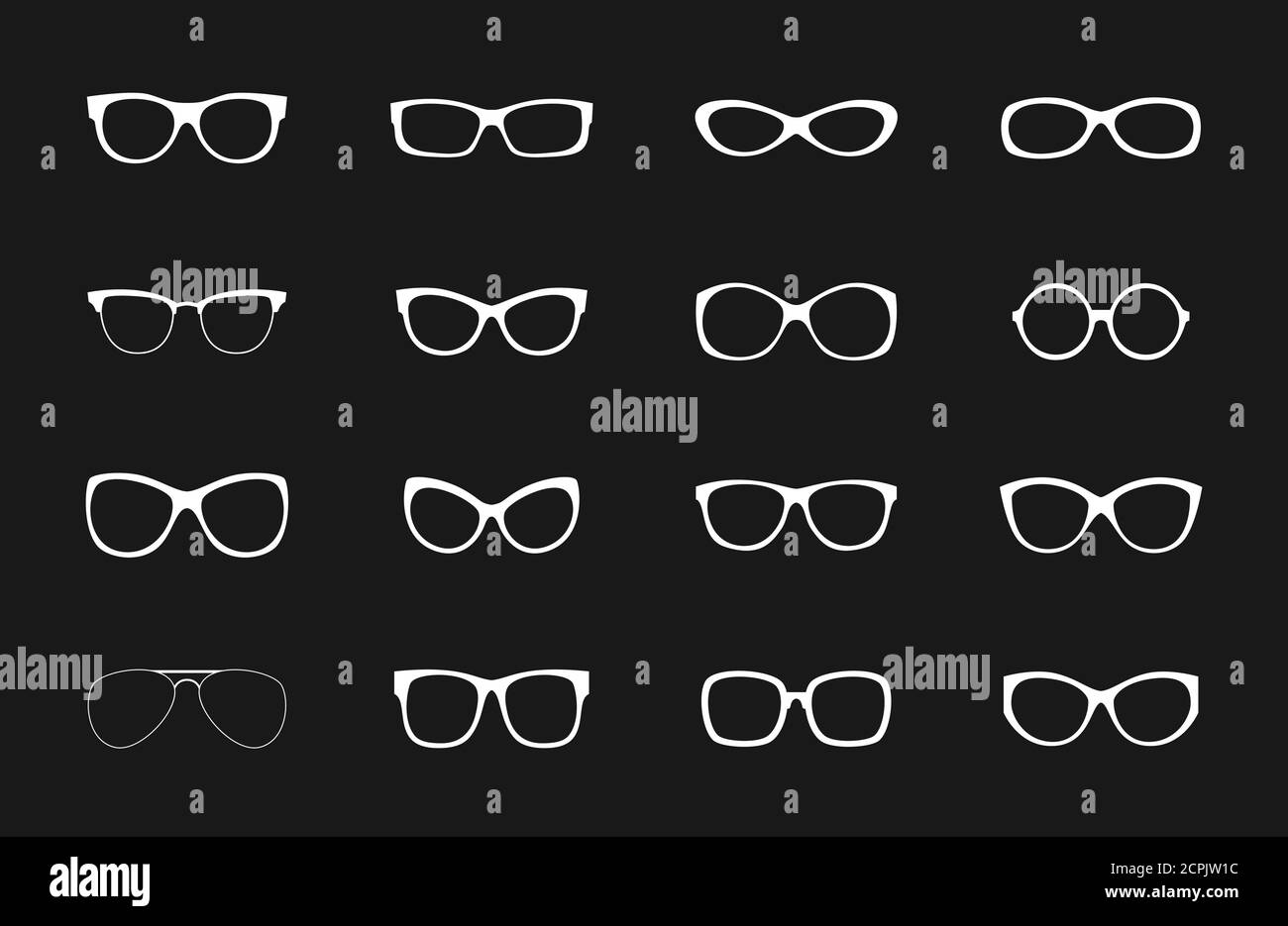 White glasses rims vector collection on black backdrop. Illustration of eye optical rim, eyewear form of set Stock Vector