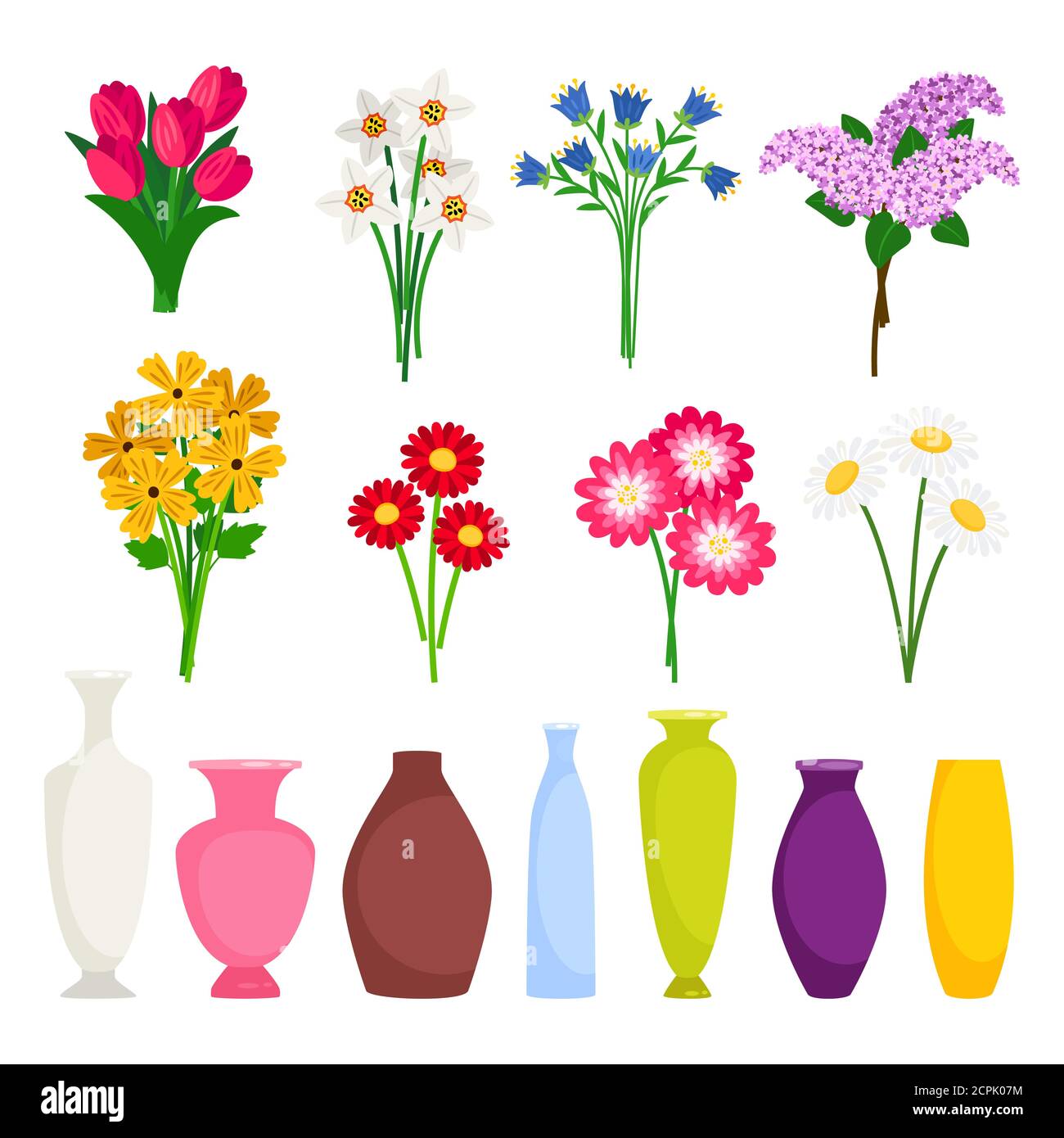 Bouquet maker - different flowers and vases vector elements. Colored bouquet flower blossom illustration Stock Vector