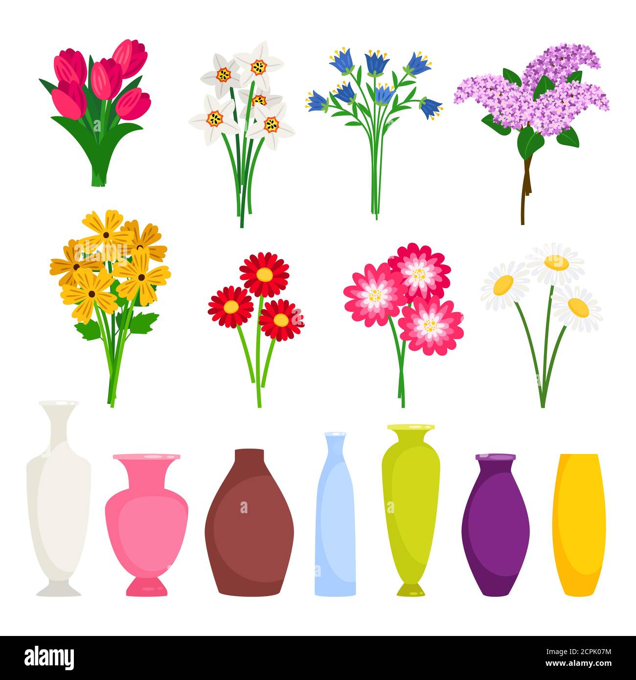 Bouquet maker different flowers and vases vector elements. Colored bouquet flower blossom