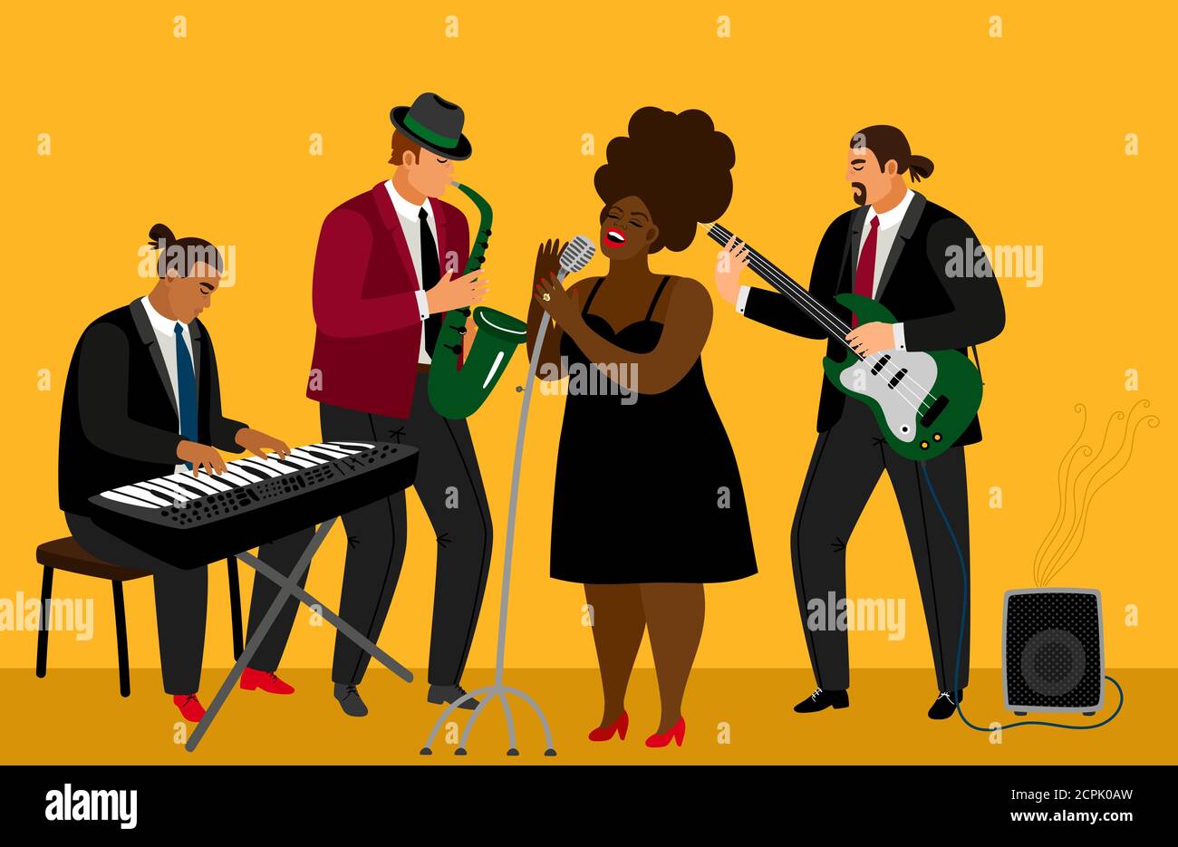 Jazz band vector illustration. Musician team and singer characters on