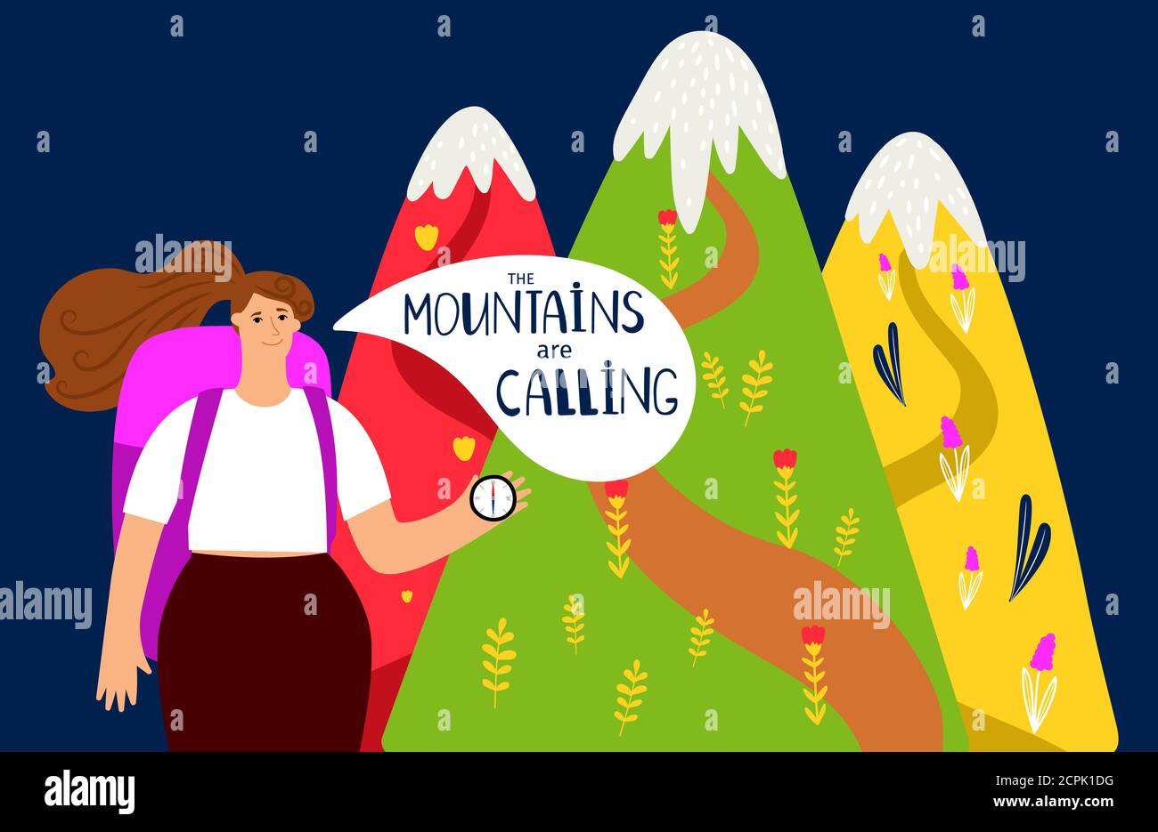 Hiking vector background. Mountains and girl, alpinism concept. Girl