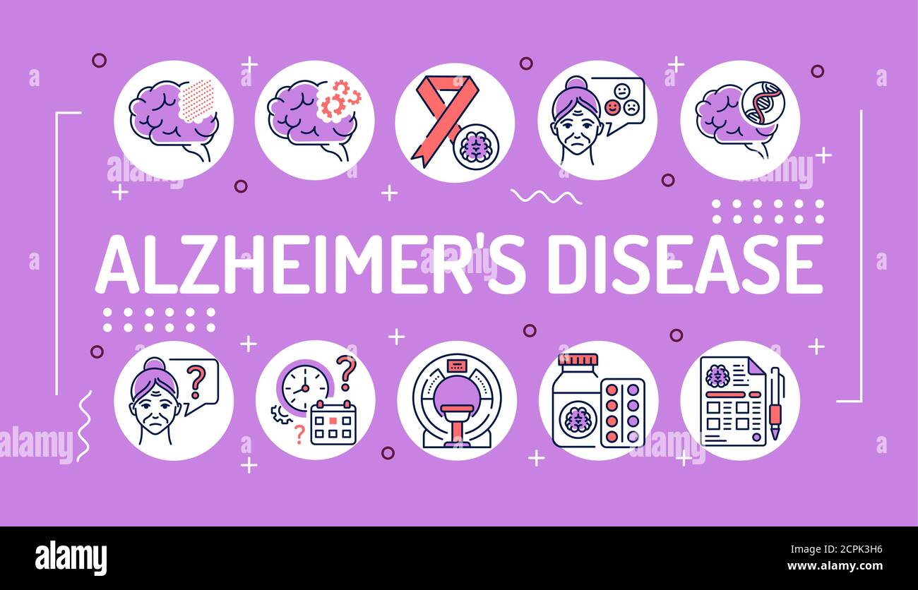 Alzheimer's disease word lettering typography. Decline in memory. Decrease in mental human abilities. Infographics with linear icons on background Stock Vector