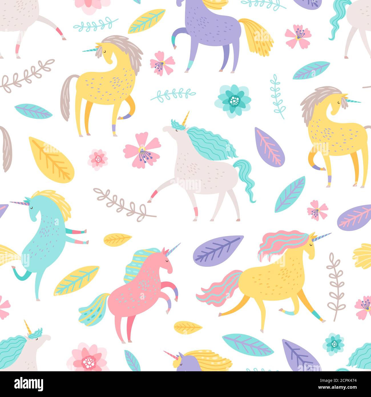 Fairytale unicorn with floral elements vector seamless pattern ...