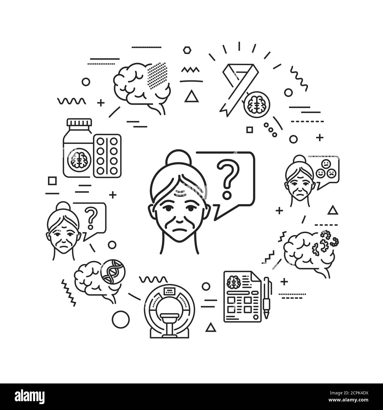 Alzheimer's disease web banner. Decline in memory. Decrease in mental human abilities. Infographics with linear icons on background. Creative idea Stock Vector