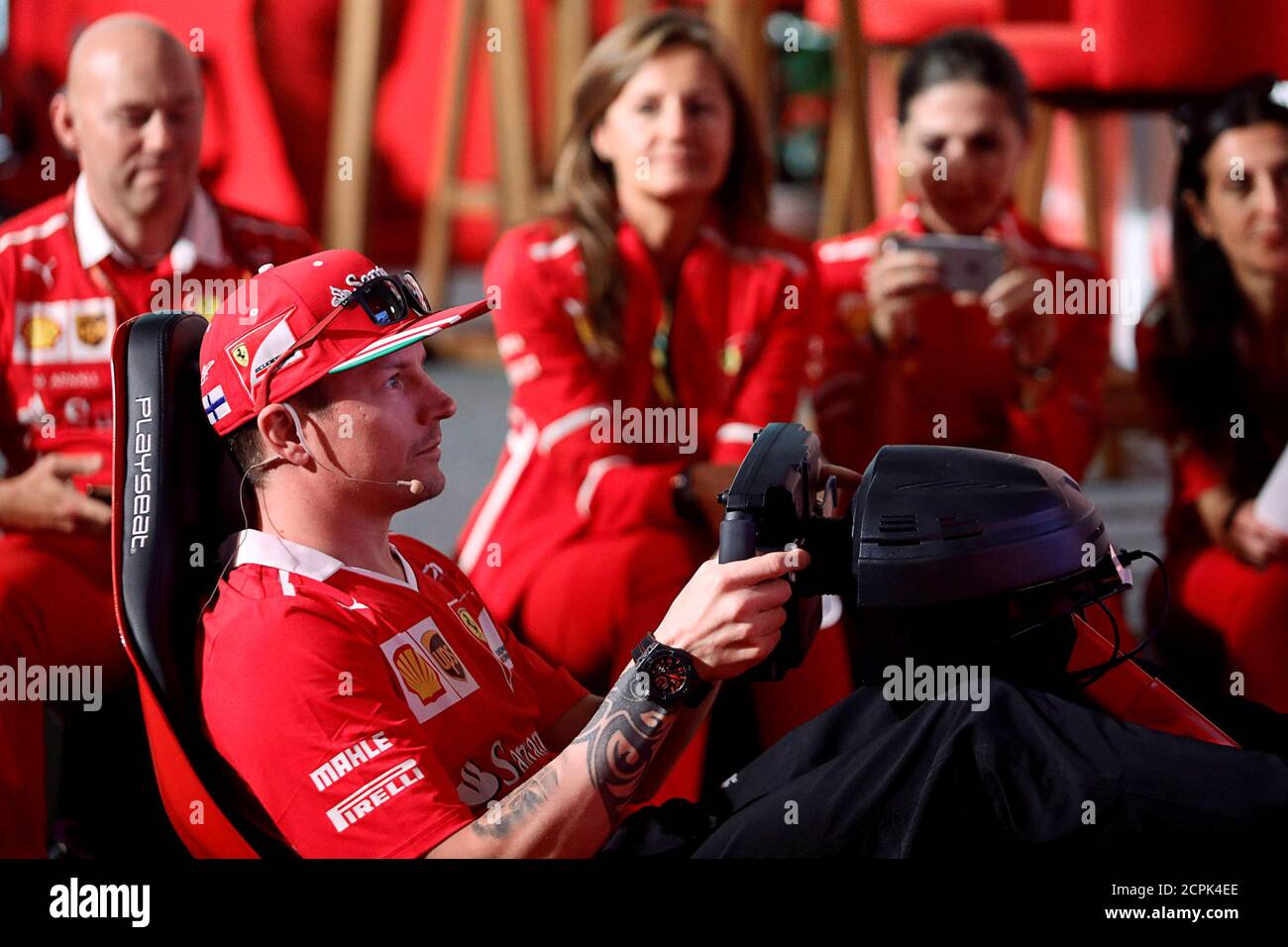 Ferrari's Kimi Raikkonen of Finland competes on a racing simulator ahead of the Mexican F1 Grand Prix on October 29, in Mexico City, Mexico, October 26, 2017. REUTERS/Edgard Garrido Stock Photo