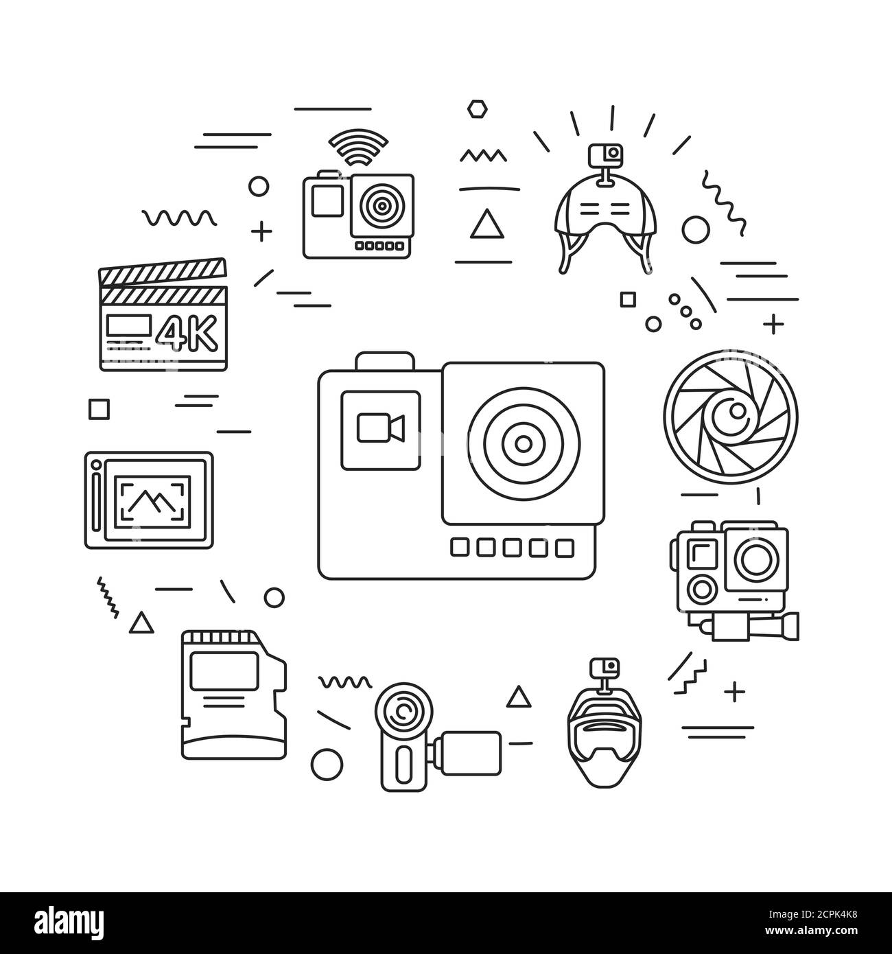 Action camera web banner. Electronic devices. Infographics with linear ...