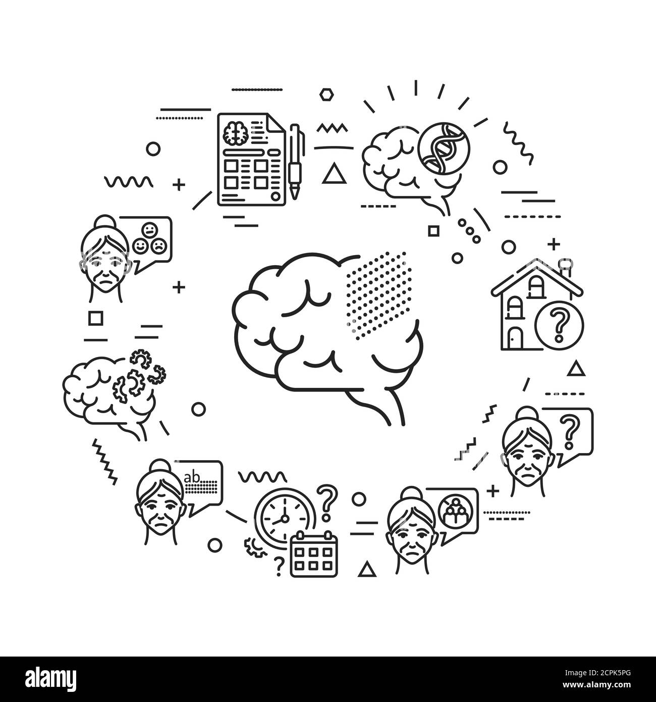 Brain disease dementia web banner. Decline in memory. Decrease in mental human abilities. Infographics with linear icons on background. Creative idea Stock Vector