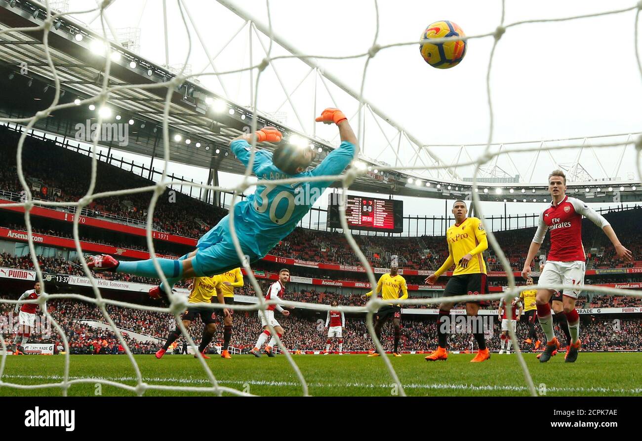 Soccer Football - Premier League - Arsenal vs Watford - Emirates Stadium, London, Britain - March 11, 2018   Arsenal's Shkodran Mustafi scores their first goal                  REUTERS/Eddie Keogh    EDITORIAL USE ONLY. No use with unauthorized audio, video, data, fixture lists, club/league logos or 'live' services. Online in-match use limited to 75 images, no video emulation. No use in betting, games or single club/league/player publications.  Please contact your account representative for further details.     TPX IMAGES OF THE DAY Stock Photo