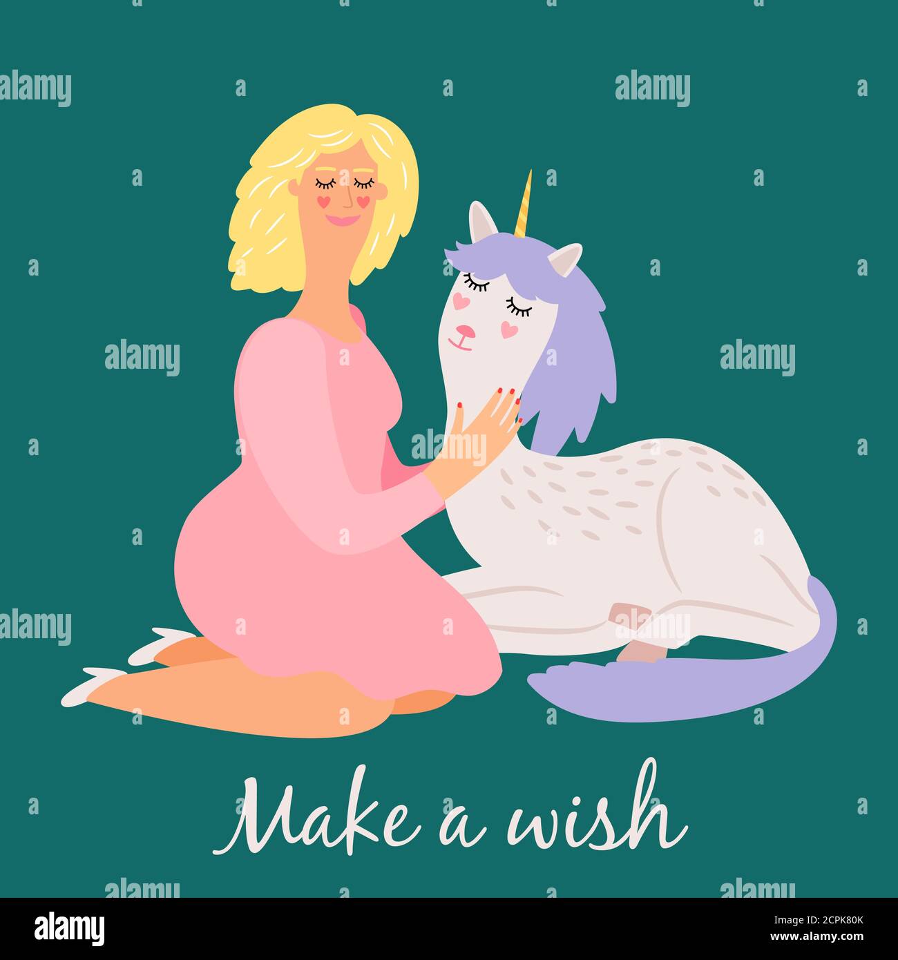 Cartoon girl with cute baby unicorn vector illustration. Horse dream with magic horn, girl with lovely animal Stock Vector