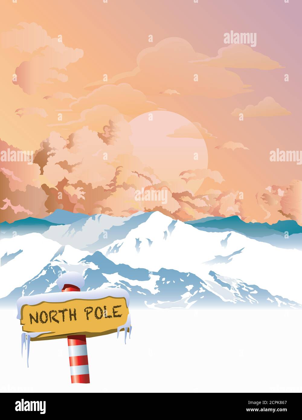 North Pole sign with glacier and mountain range background set against a dawn or dusk sky Stock Photo