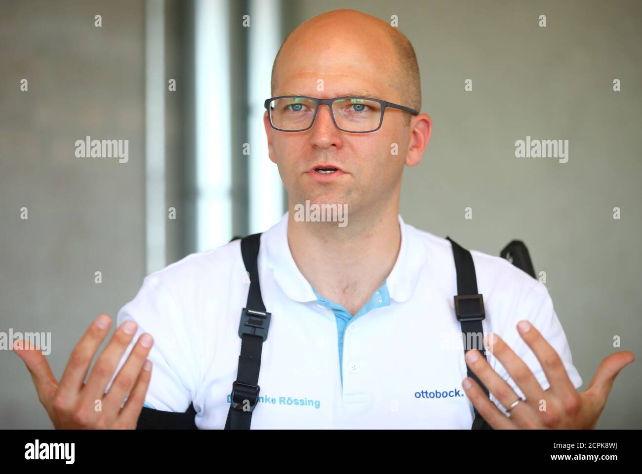 Soenke Rossing, Head of Industrials unit at German prosthetic limb maker Ottobock, during an interview with Reuters in Berlin, Germany, August 23, 2018. Picture taken August 23, 2018. REUTERS/Hannibal Hanschke Stock Photo