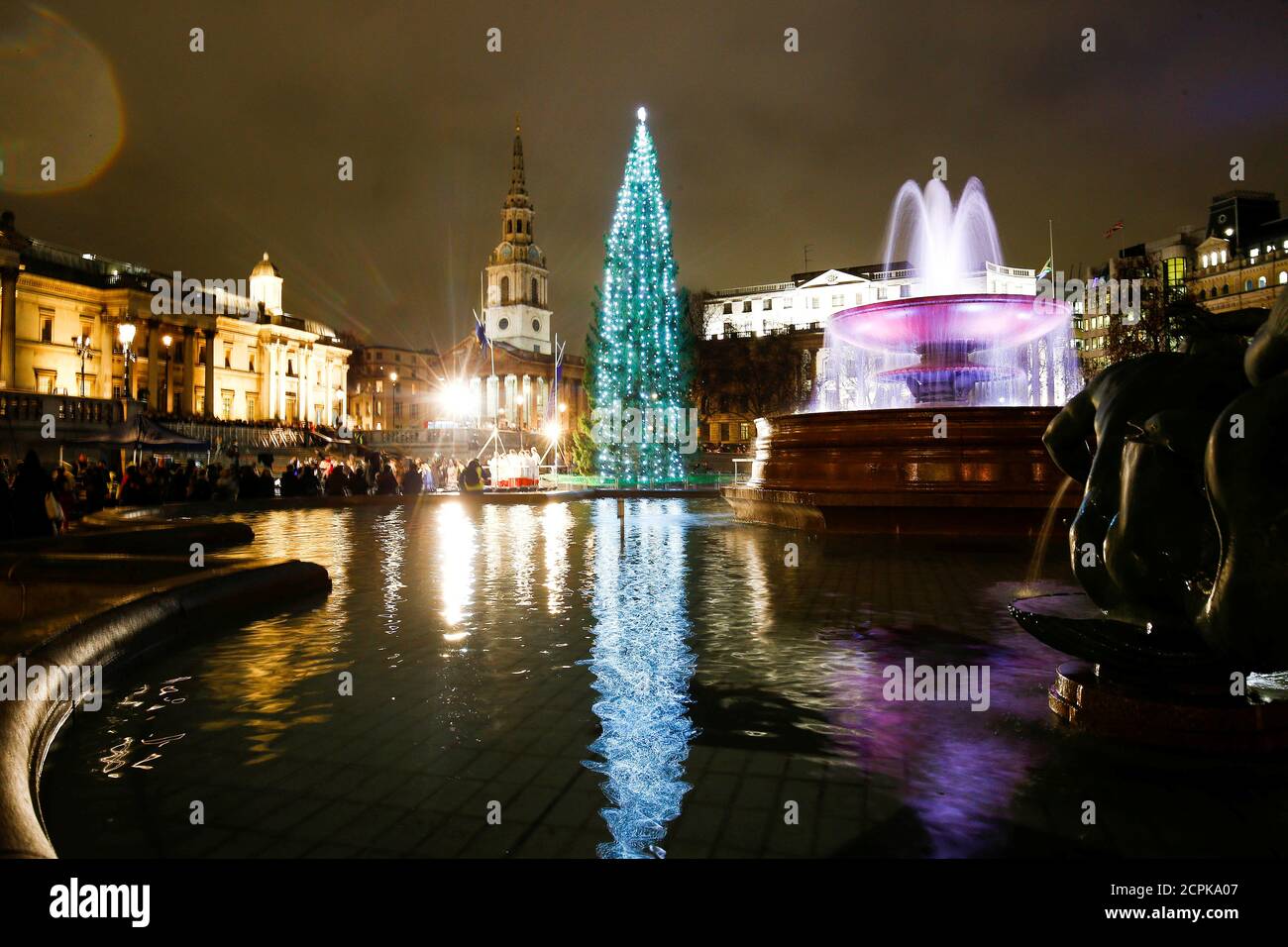 The Trafalgar Square Christmas tree, a gift from Norway, is lit during a ceremony attended by the Mayor of Oslo, Marianne Borgen and Lord Mayor of Westminster Lindsey Hall, in London, Britain December 6, 2018. REUTERS/Henry Nicholls Stock Photo