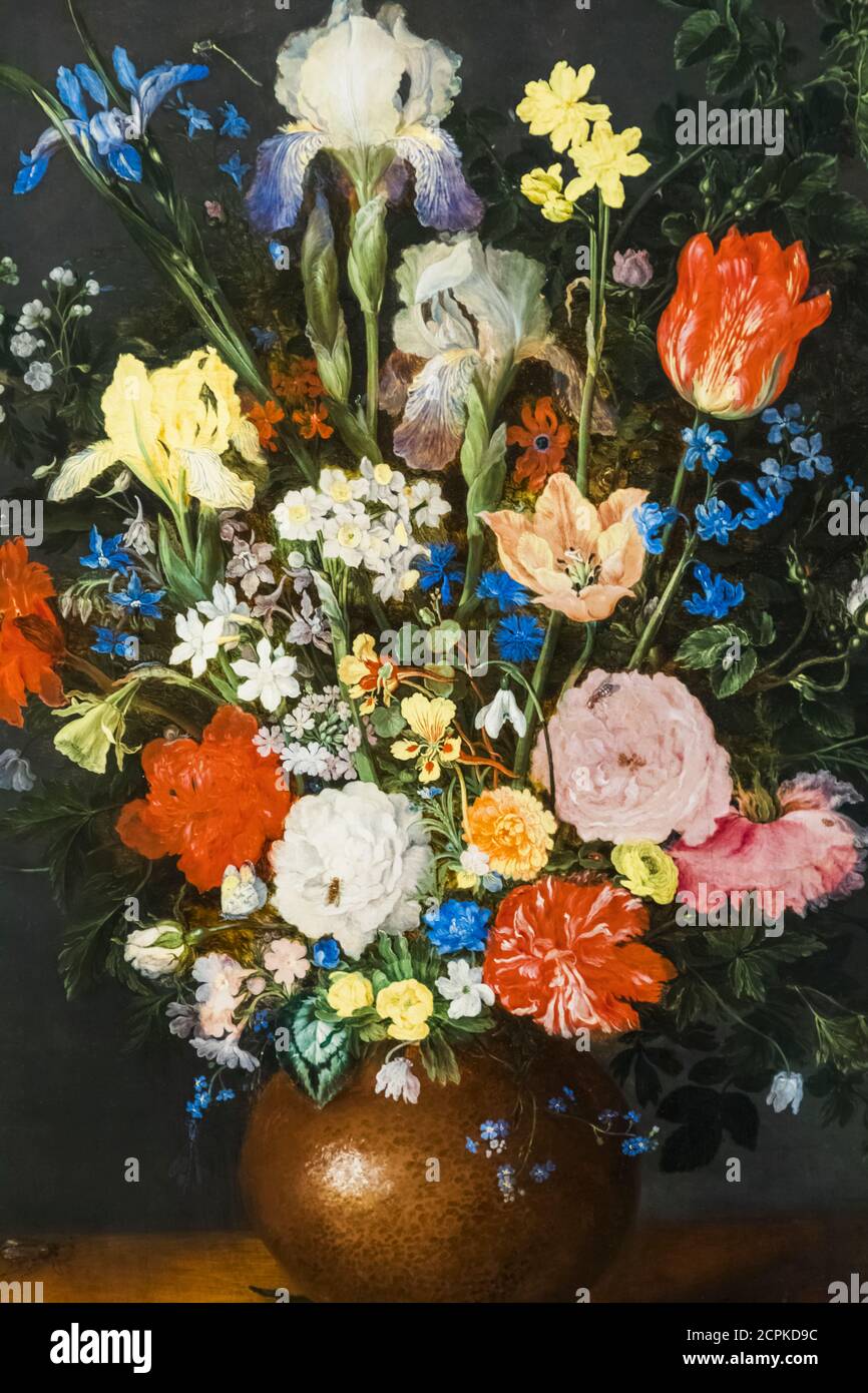 Flower Still Life Painting titled 'Bouquet in a Clay Vase' by Jan Brueghel the Elder dated 1609 Stock Photo
