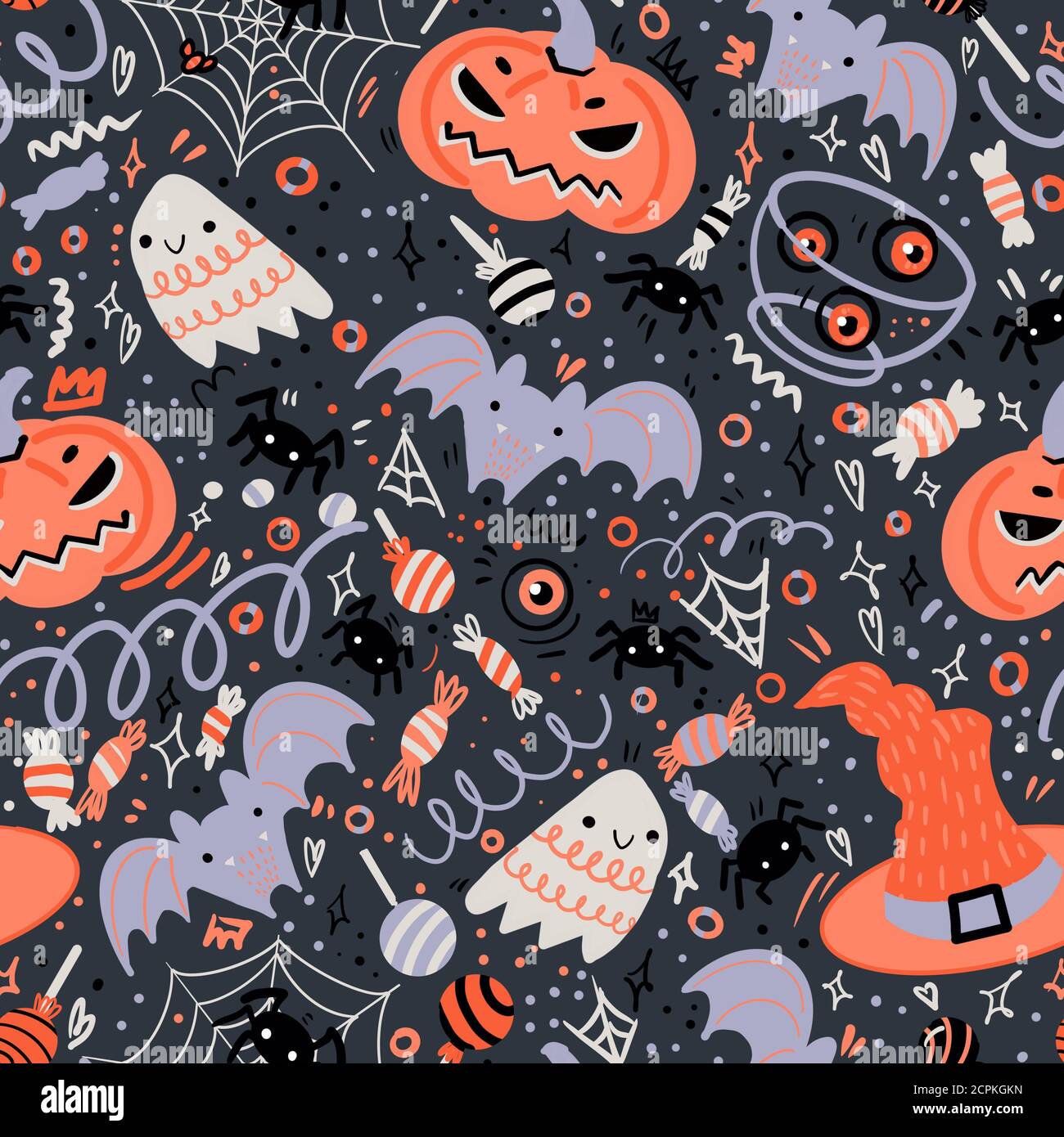 Halloween seamless pattern. Hand-drawn illustration with pumpkins, tombstone, skull, ghost, bat, hat, cat and etc. It can be used for wallpaper, wrapp Stock Photo