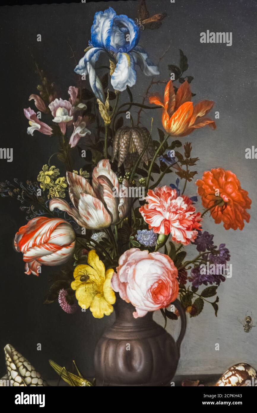 Flower Still Life Painting titled 'Flowers in a Vase with Shells and Insects' by Balthasar van der Ast dated 1630 Stock Photo