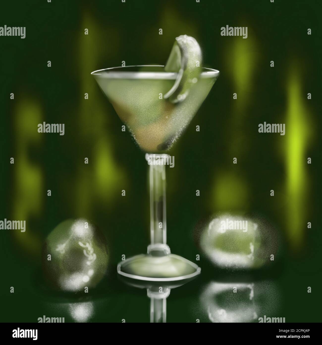 Daiquiri cocktail, martini glass. Drawing in green. Stock Photo