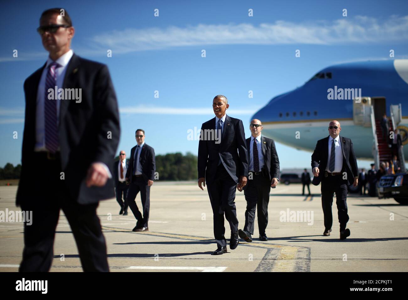 U.S. President Barack Obama arrives at Piedmont Triad International Airport in Greensboro, North Carolina, U.S. October 11, 2016.  REUTERS/Carlos Barria Stock Photo
