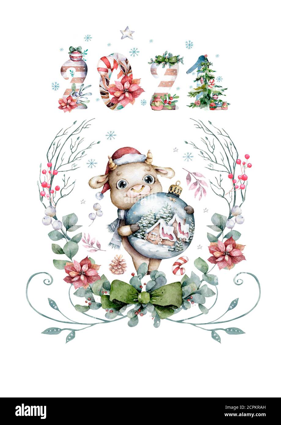 Year of the bull 2021. New year illustration. Hand drawn watercolor