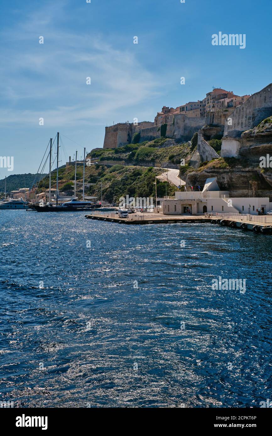 The Corsica - Sardinia Ferry Terminal and citadel in Bonifacio Corsica France Stock Photo