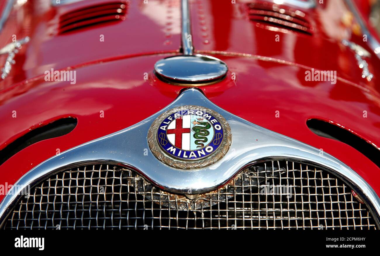 An old company logo is seen at an1939 Alfa Romeo 6 C SS Corsa sports car  during the Indianapolis in Oerlikon race demonstration at the Offene  Rennbahn cycling track in Zurich's Oerlikon