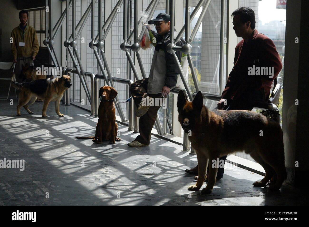 Chinese dog owners wait on the sideline of a Pet Festival in Shanghai March 26, 2004. Dog ownership, banned under the rule of the late Mao Zedong as a bourgeois pastime, was legalised only a few years ago as higher living standards allowed many people to afford pets, including imported breeds. REUTERS/Claro Cortes IV  CC Stock Photo