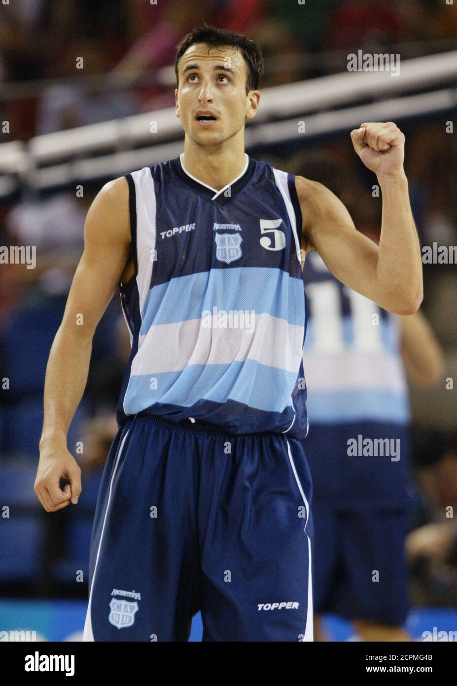 Argentina's Emanuel David Ginobili celebrates his basket to defeat New  Zealand in preliminary basketball action at the Athens 2004 Olympic Games  August 21, 2004. Argentina defeated New Zealand 98-96. REUTERS/Adrees Latif  AC/SV