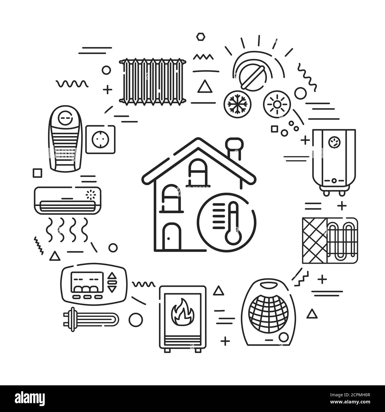 Heating devices web banner. Infographics with linear icons on white