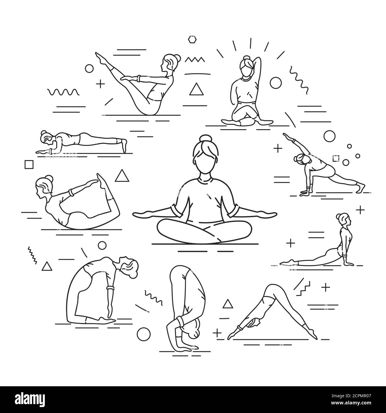 yoga web banner different yoga poses and asanas infographics with linear icons on white background creative idea concept isolated outline black 2CPMR07