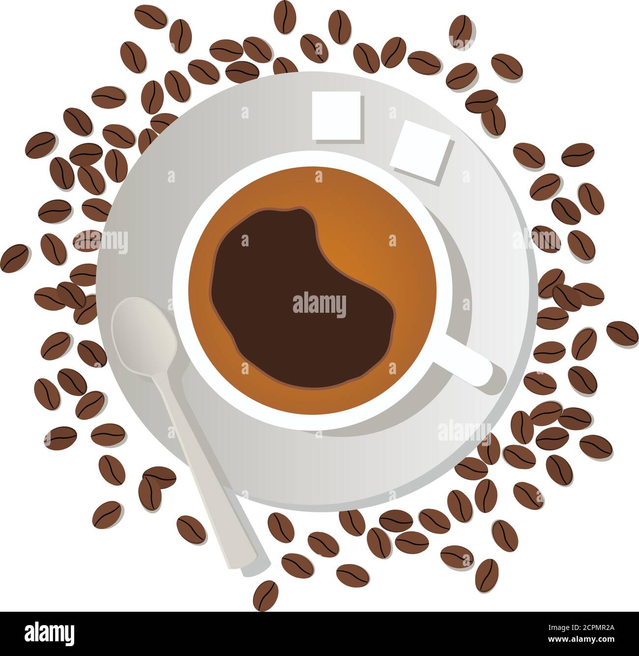 Coffee cup with lumpy sugar and a spoon on a saucer and coffee beans in ...