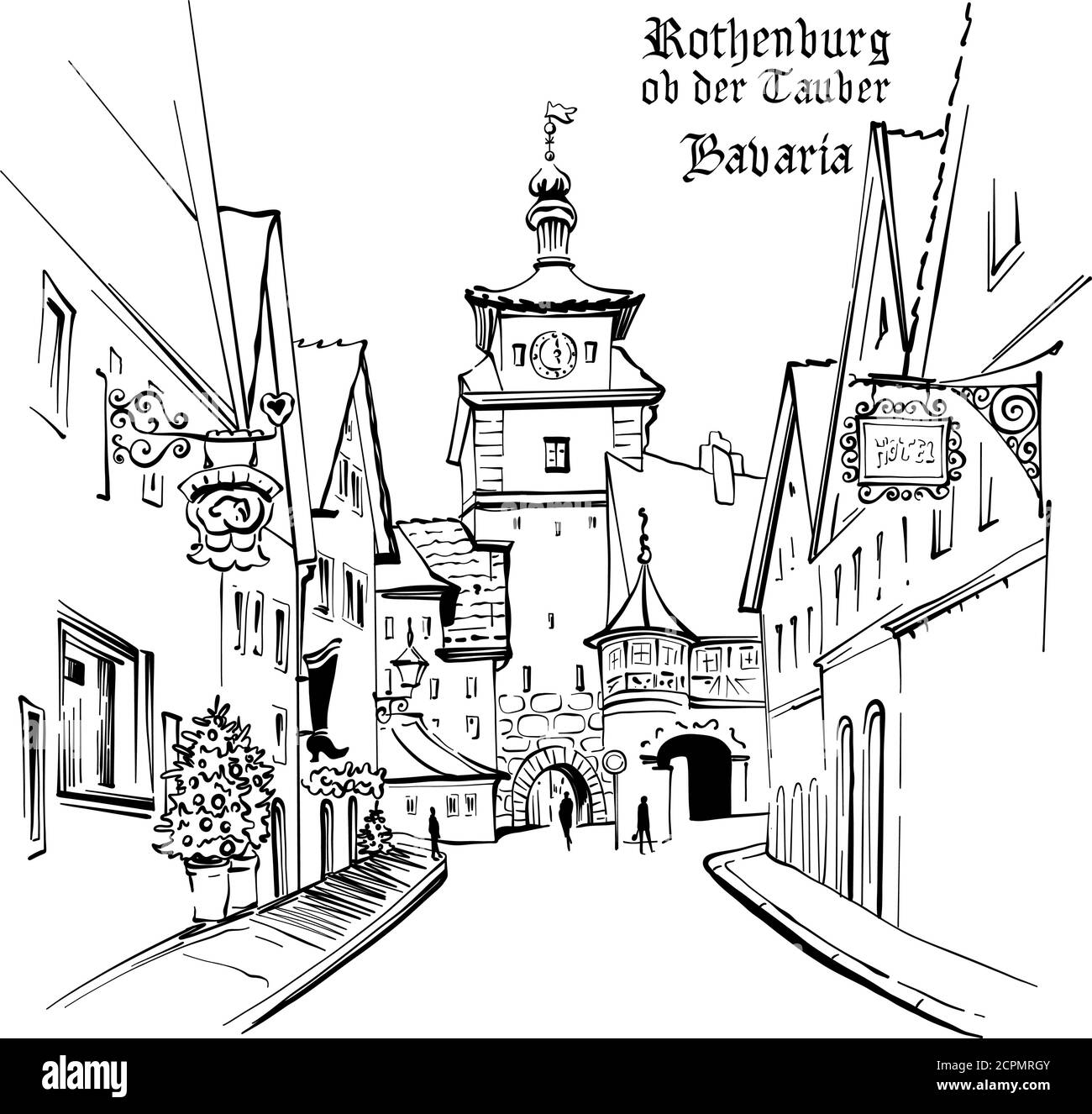 Vector sketch of White tower or Weisser Turm in medieval old town of Rothenburg ob der Tauber, Bavaria Stock Vector