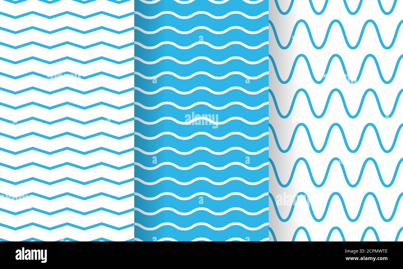 Separate waves, wavy endless stripes patterns set, collection. Winding streaks, bars, crooked doodle lines. Water, sea, river, marine, naval textures Stock Vector