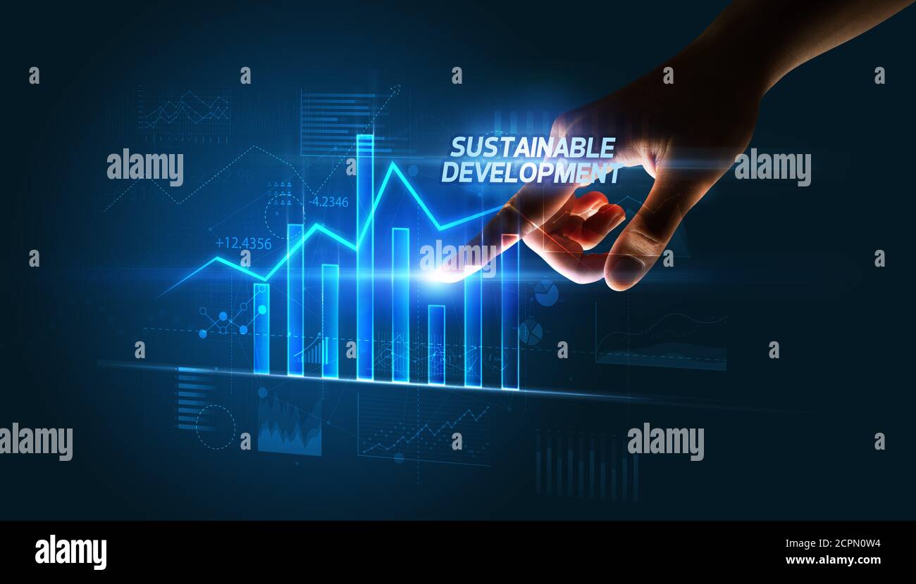 Hand touching SUSTAINABLE DEVELOPMENT button, business concept Stock ...