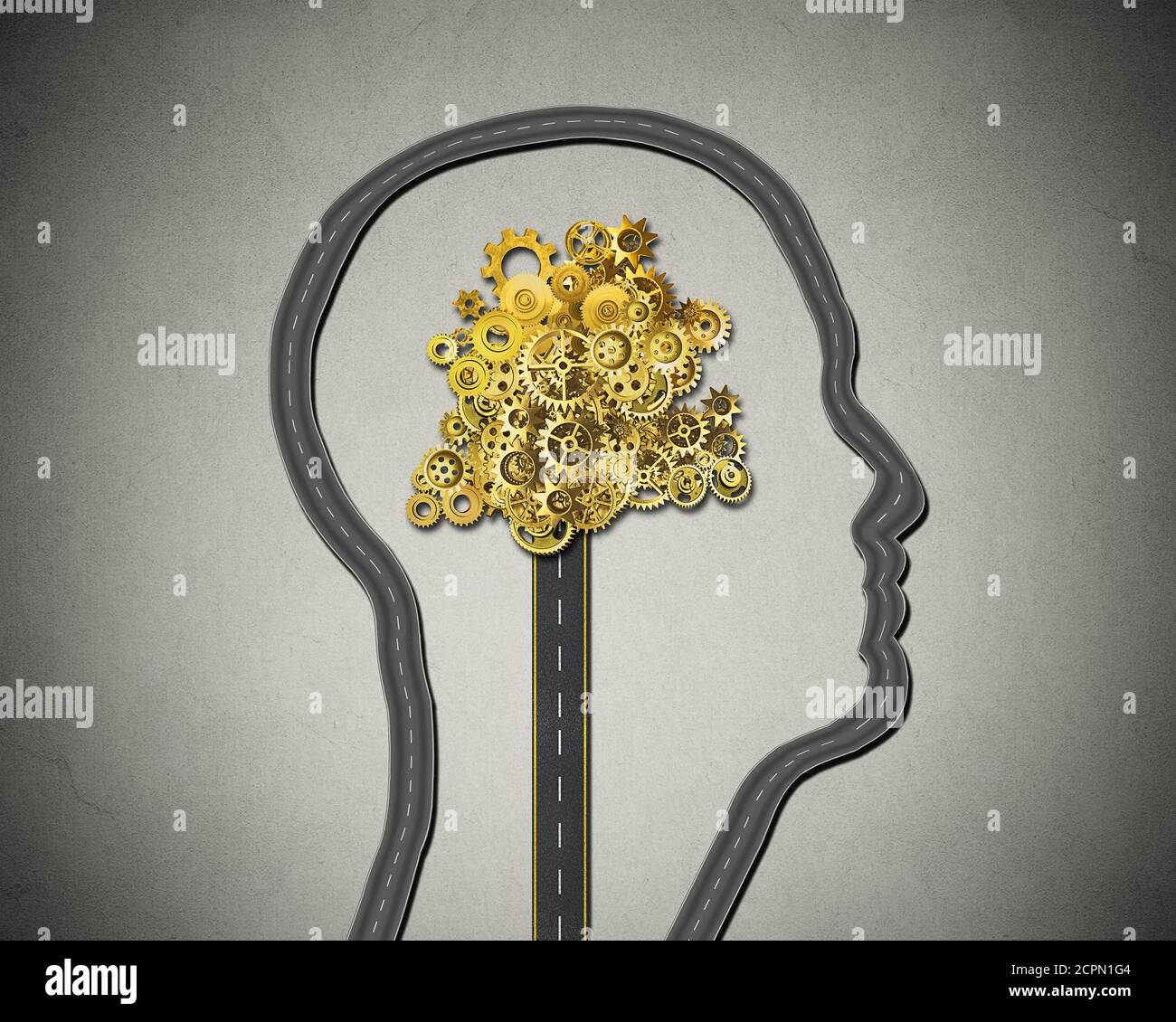 Human intelligence. Road shaped as human face with cogs and gears mechanism Business strategy and psychological mental neurological activity concept Stock Photo