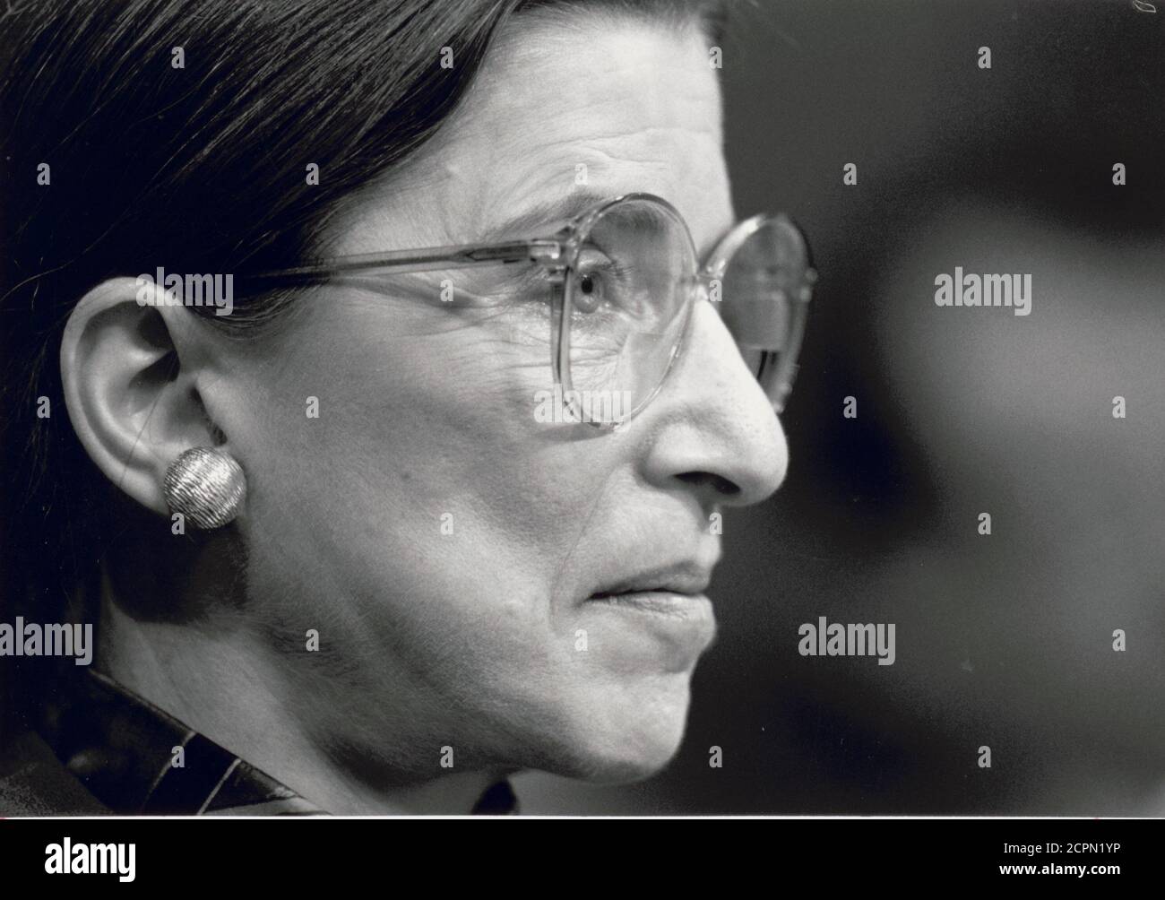 Profile portrait of Ruth Bader Ginsburg at the Senate Judiciary Committee hearing for her appointment to the Supreme Court, Washington, DC, 7/20/1993. (Photo by Michael R Jenkins/Congressional Quarterly/RBM Vintage Images) Stock Photo