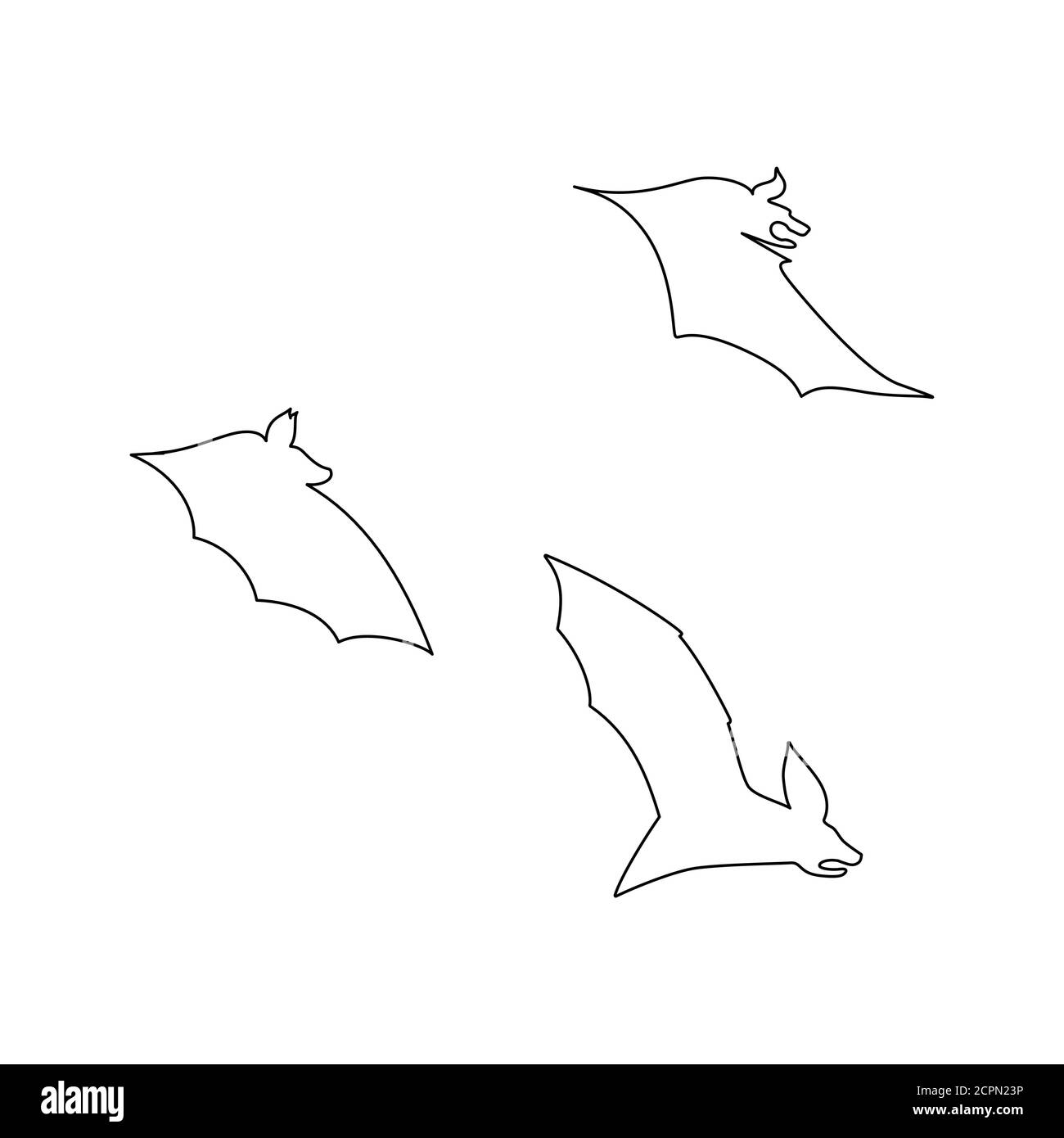 vector illustration of bats in flight. Black flittermouse line art silhouette. Set of one line bats in different shapes Stock Vector