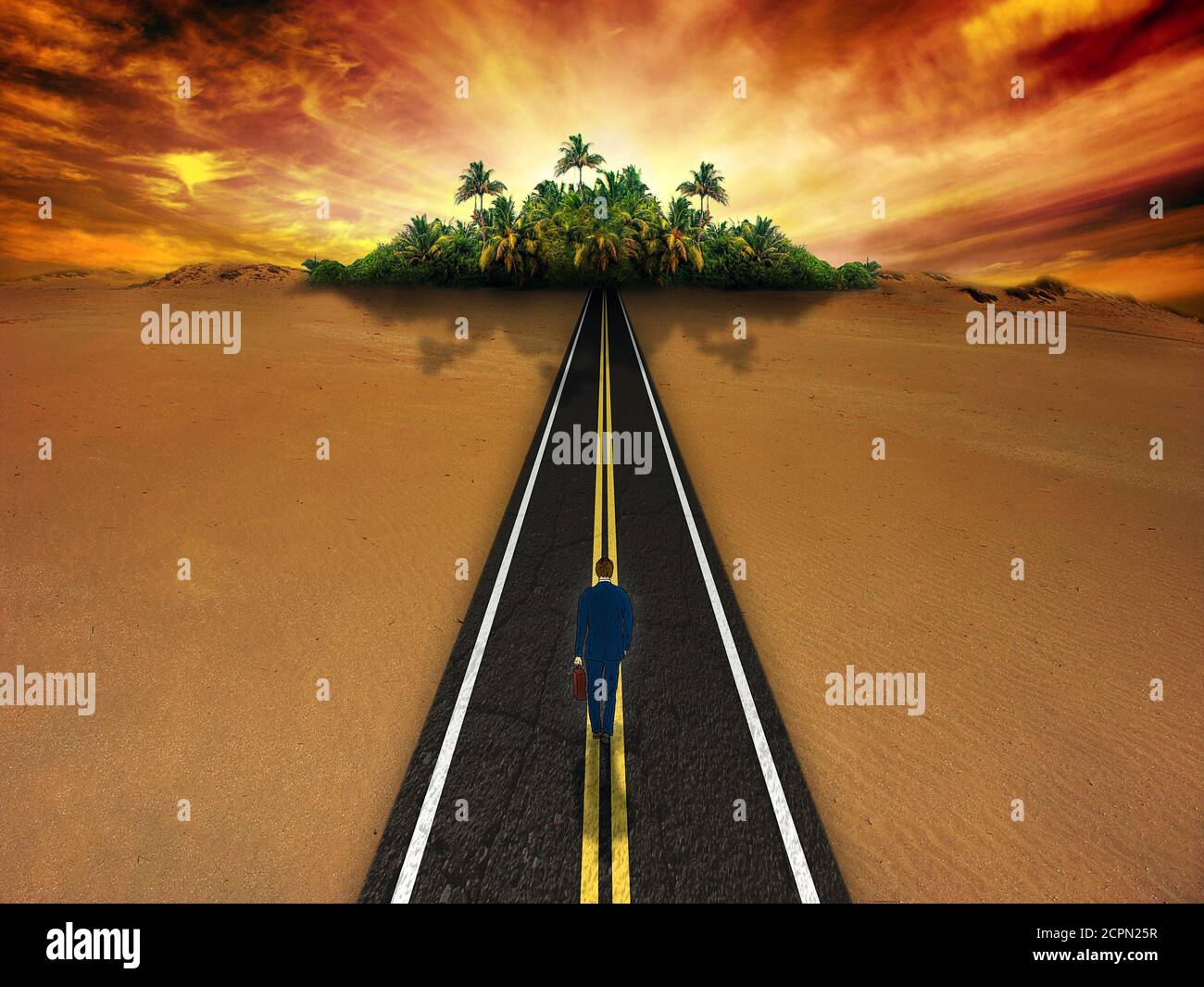 Discover opportunity business concept for success as a person walking on a desert road to an oasis of hope for the future or a journey of spiritual re Stock Photo