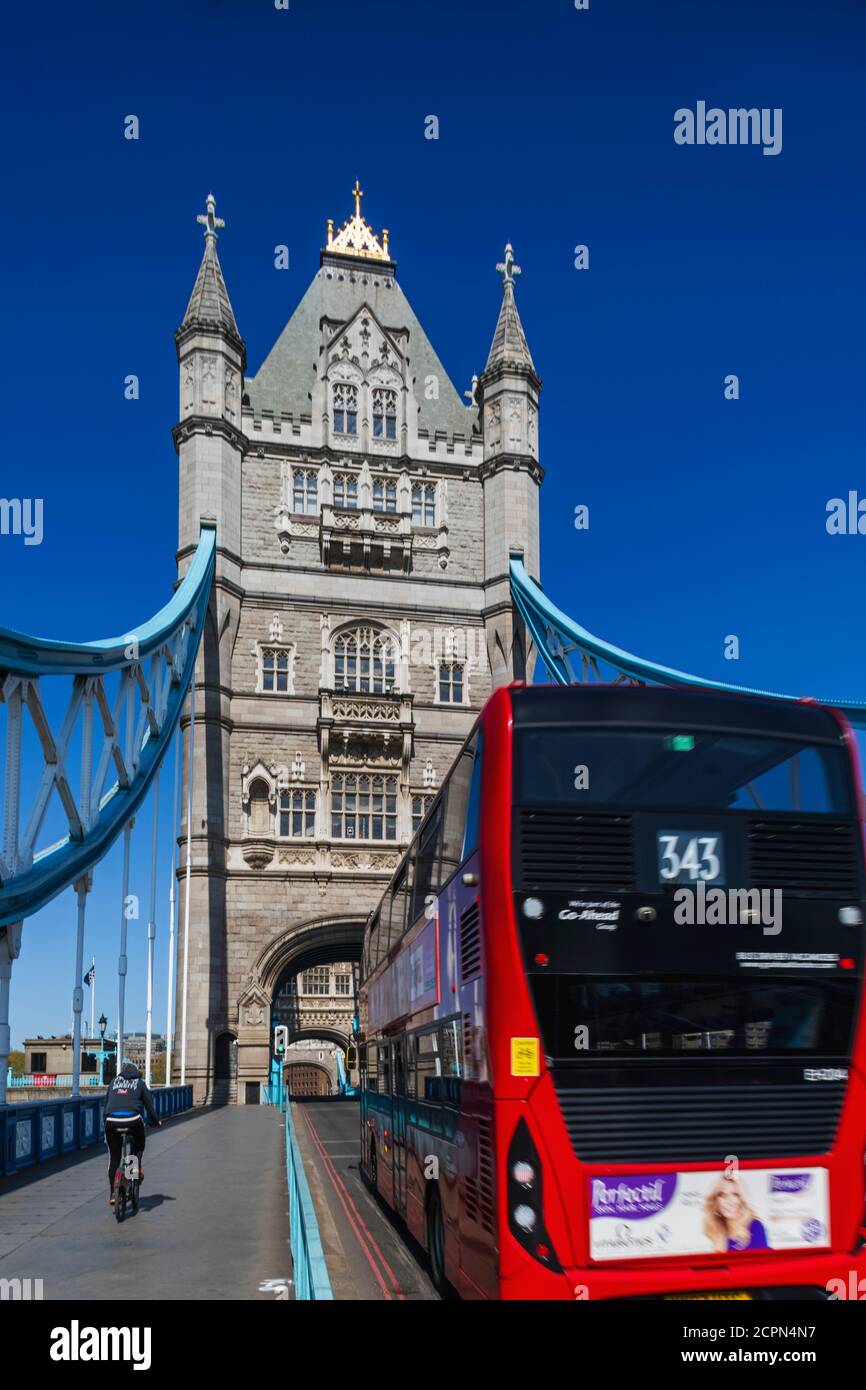England, London, Southwark, Tower Bridge and Red Double Decker Bus Stock Photo