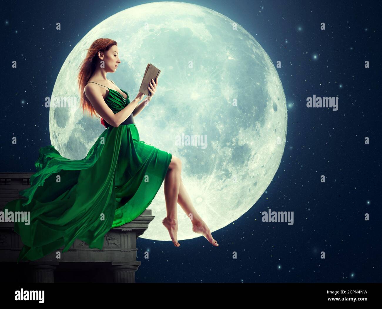 Cute young woman girl female reading book, moonlight sky night skyline, full moon stars background. Dreamy nature landscape screen saver artistic illu Stock Photo