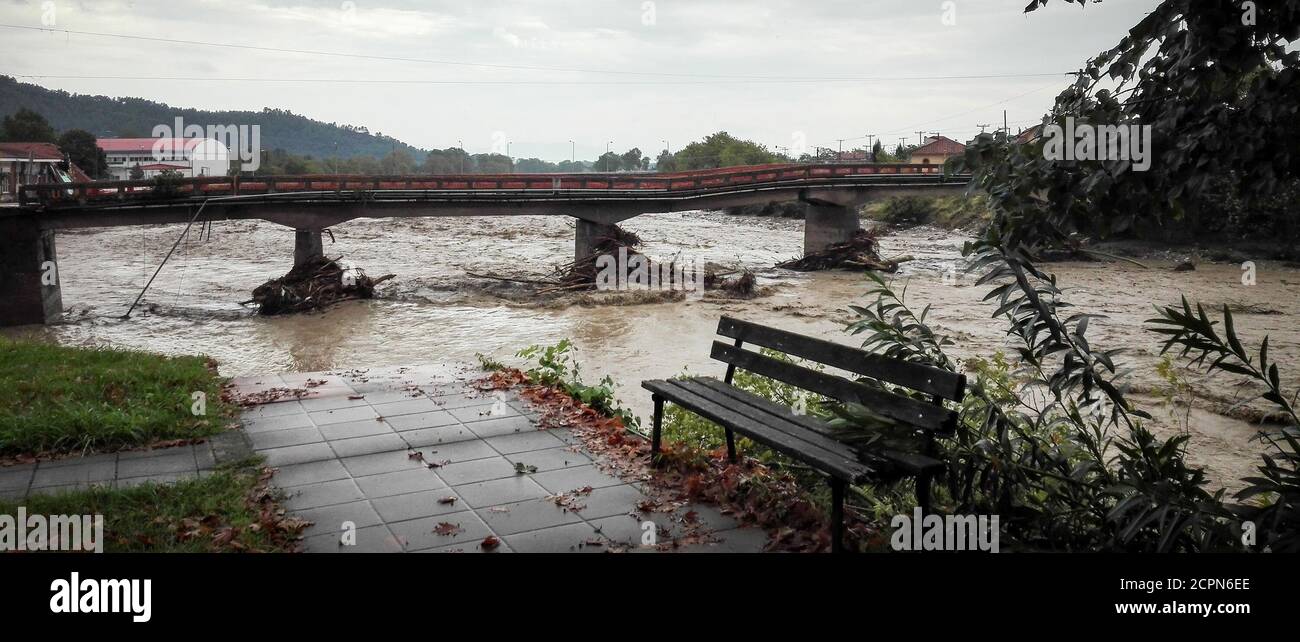 Karditsa, Greece. 19th Sep, 2020. A damaged bridge is seen in Karditsa, central Greece, Sept. 19, 2020. Two persons were killed in a rural area in central Greece and a third person went missing on Saturday, as the Mediterranean hurricane 'Ianos' continued to batter Greece, the national news agency AMNA reported. Credit: Thanassis Kalliaras/Xinhua/Alamy Live News Stock Photo