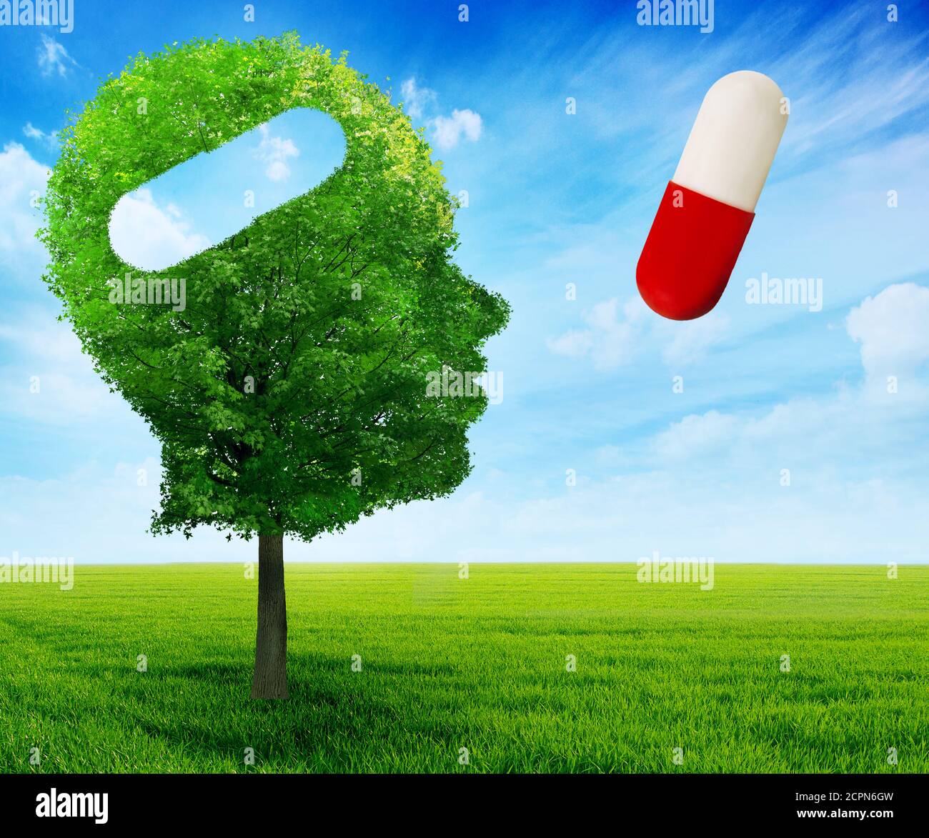 Puzzle head brain mental health symbol idea concept. Tree in a shape of human head face profile with cut out of pill treatment medication drug isolate Stock Photo