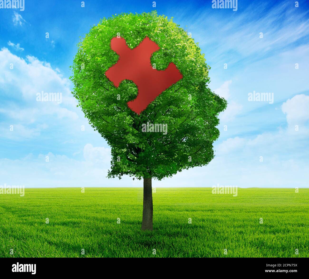 Puzzle head brain learning symbol. Tree in a shape of human head face profile with jigsaw piece isolated on blue sky background.mental health concept Stock Photo