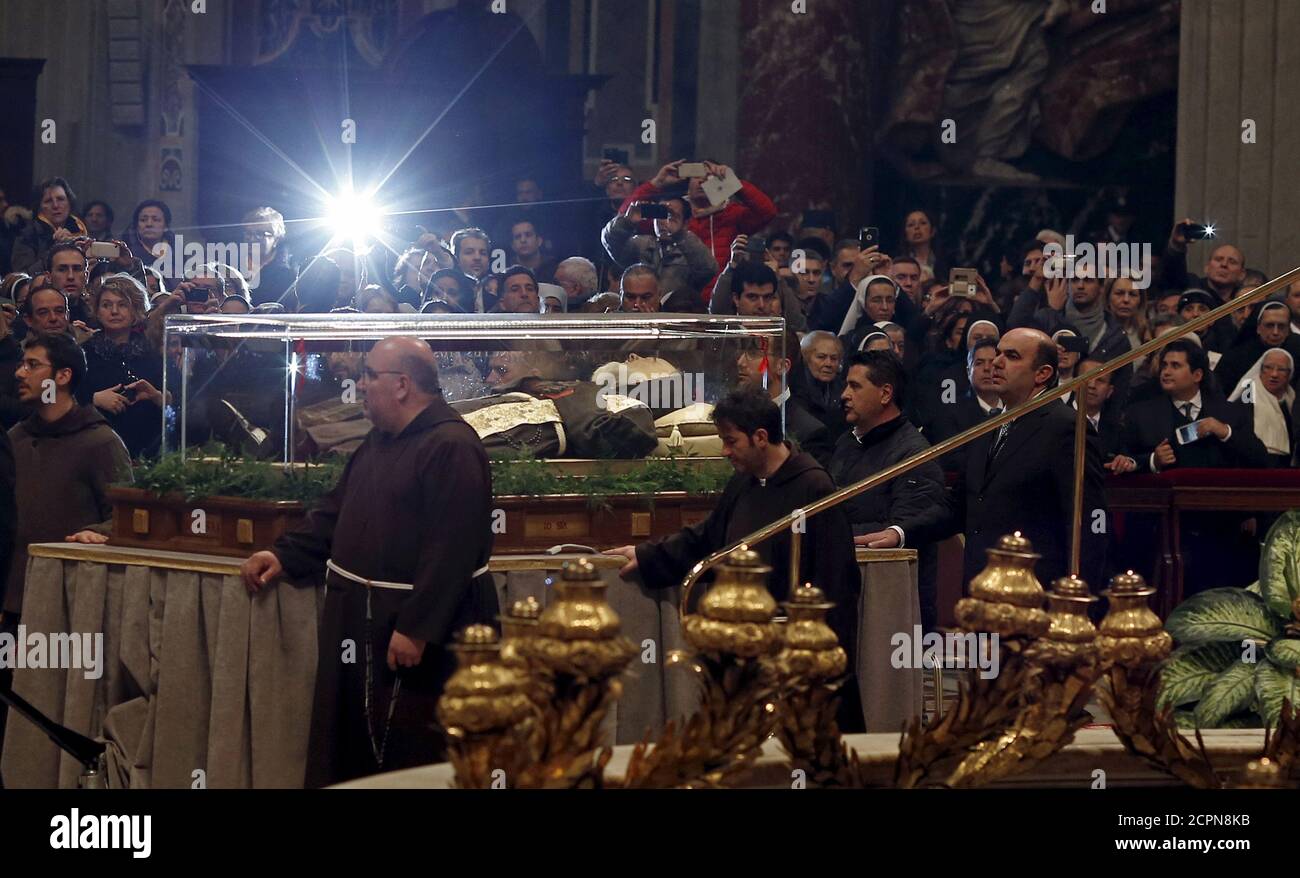 The crystal coffin containing the exhumed body of the mystic saint