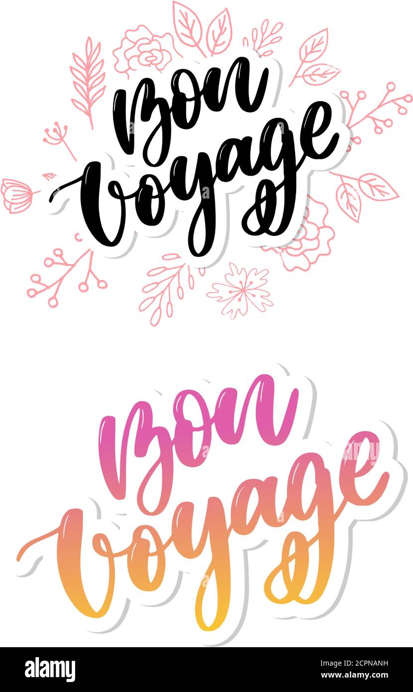 Hand drawn vector lettering. Bon voyage word by hands. Isolated vector illustration. Handwritten modern calligraphy. Inscription for postcards Stock Vector