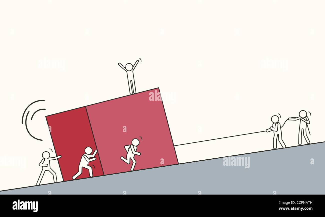 Little drawn people lift a big red cube up the mountain together ...