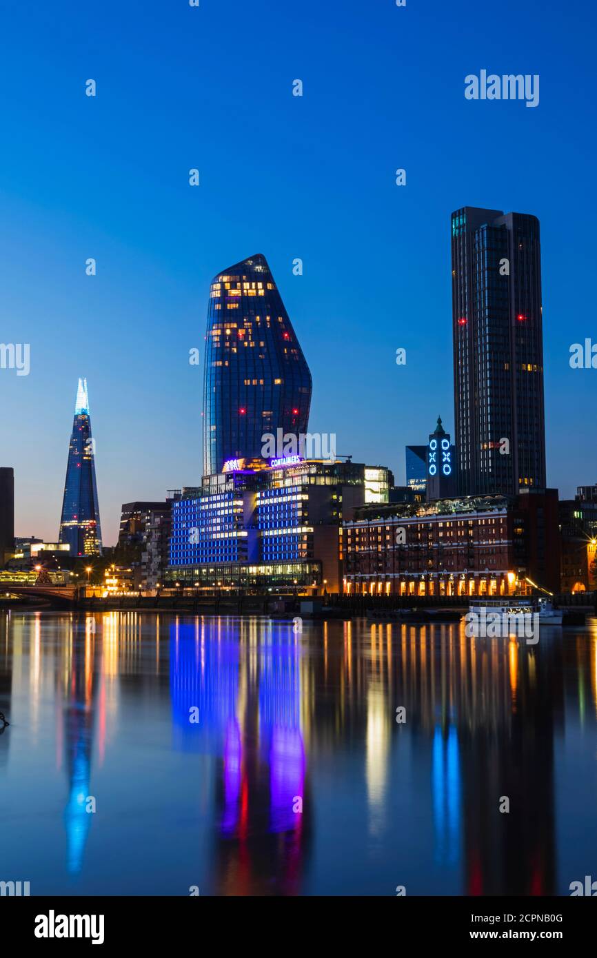 England, London, Southwark, Bankside Skyline and River Thames at Night Stock Photo