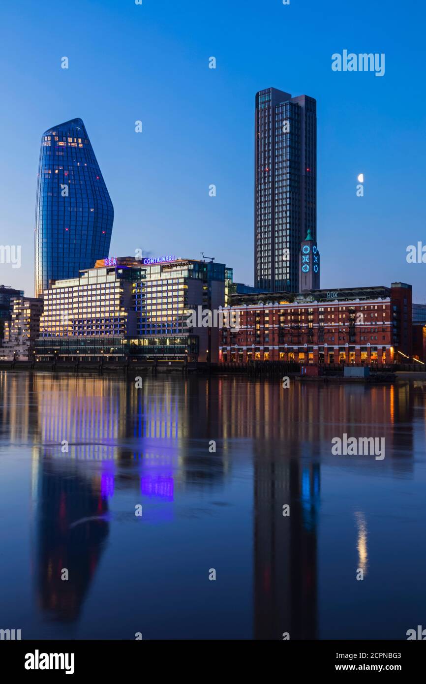 England, London, Southwark, Bankside Skyline and River Thames at Night Stock Photo